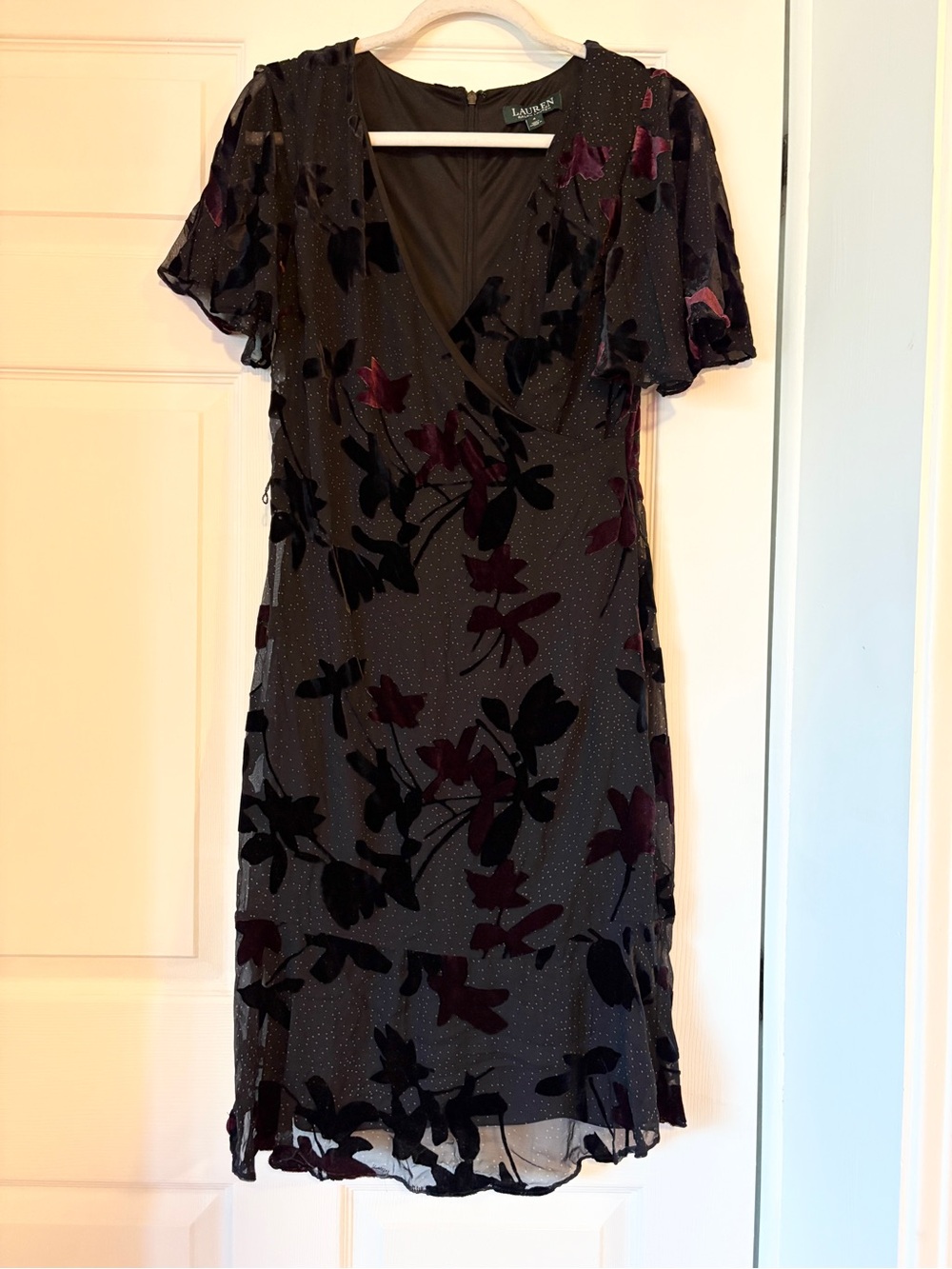 Lauren Ralph Lauren Black Dress with Plum Velvet Flowers and Polka Dots